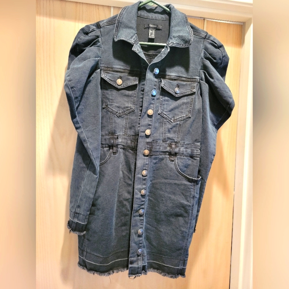 Forever 21 puff sleeve stretch denim jacket shirt dress